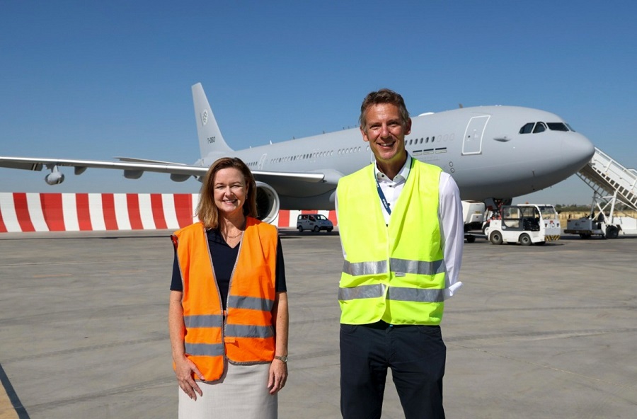 NSPA General Manager Ms Stacy Cummings and Airbus Military Air System Executive Vice President Mr Jean Brice Dumont in front of aircraft 7 prior to the ferry flight
