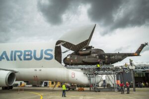 Airbus Defence and Space has developed and tested a loading system to lift outsized military cargo into the Airbus Beluga A300-600ST aircraft. The capability was successfully tested during a verification exercise with the German armed forces, the system’s first customer, by loading a CH53 military medium-lift helicopter into the Beluga.