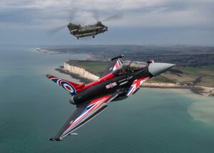 RAF Typhoon jets and a Chinook helicopter have met over the white cliffs to conduct valuable training.