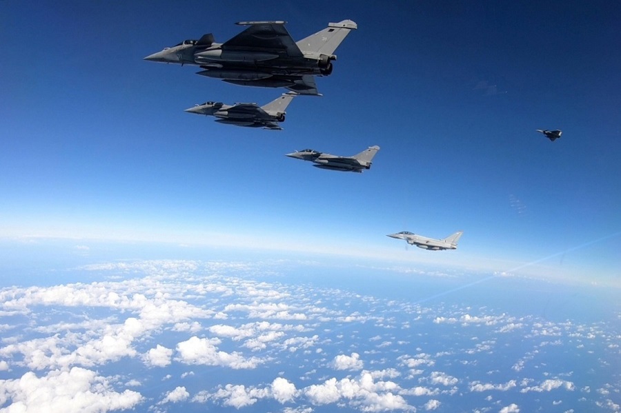 Royal Air Force Typhoons took part in Exercise OLYMPUS DAWN flying with  French Navy Rafale multi-role fighter jets as well as conducting Air Maritime Integration with the French Navy Carrier Strike Group, Photo courtesy Royal Air Force.