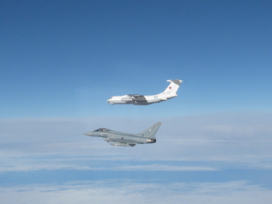 A Royal Air Force Typhoon fighter jet operating from Ämari Air Base in Estonia has carried out the first joint NATO Air Policing interception alongside a German Air Force Typhoon.