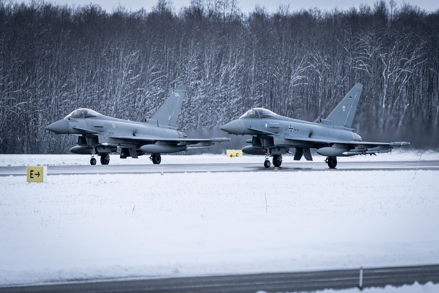 A Royal Air Force Typhoon fighter jet operating from Ämari Air Base in Estonia has carried out the first joint NATO Air Policing interception alongside a German Air Force Typhoon.