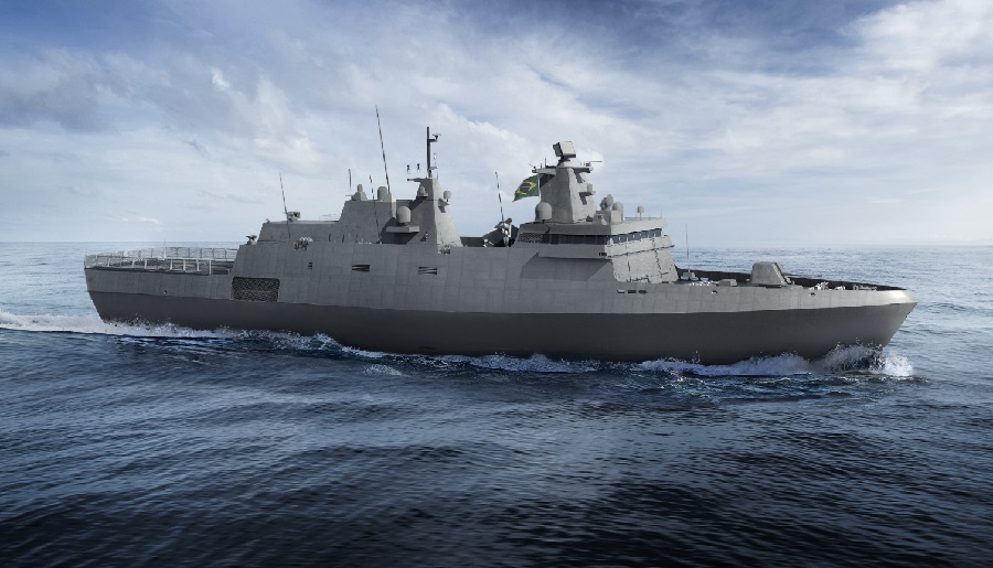 On March 24th, the Brazilian Navy and Águas Azuis, a special purpose entity (SPE) formed by thyssenkrupp Marine Systems, Embraer Defense & Security and Atech, celebrated another milestone in the construction of the Tamandaré frigate: the ship’s keel laying. The ceremony, which took place at thyssenkrupp Estaleiro Brasil Sul in Itajaí, Santa Catarina, was attended by the Commander of the Navy Fleet Admiral Marcos Sampaio Olsen, and other civil and military authorities from the defense sector and the naval industry.