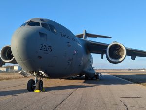 A Royal Air Force C-17 Globemaster transport aircraft has delivered Canadian military supplies destined for use by the Ukrainian military to Europe, on behalf of the Canadian Government.