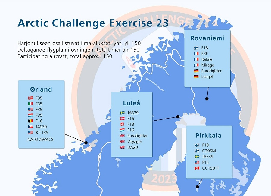 NATO allies Finland, Norway, and partner Sweden will host the multinational Arctic Challenge Exercise 2023 from 29 May to 9 June 2023.