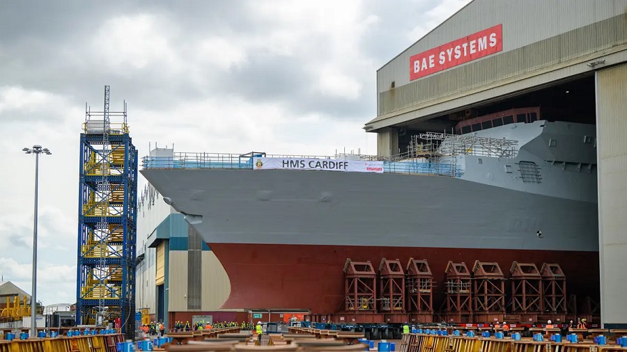The forward end of HMS Cardiff, the second Type 26 City Class frigate, has emerged from BAE Systems’ ship build hall at Govan for the first time in an important moment for the programme to deliver the most advanced anti-submarine warfare capability available to the Royal Navy.