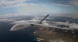 During the Paris Air Show 2023, the Italian defence company Leonard showcases the Falco Xplorer unmanned aerial vehicle (UAV) equipped with the Brimstone anti-tank guided missile, manufactured by the European company MBDA.