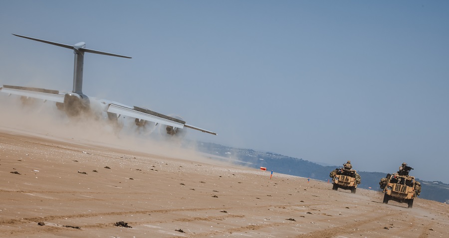 An Atlas A400M has been carrying out beach landing training at Pembrey Sands in West Wales.