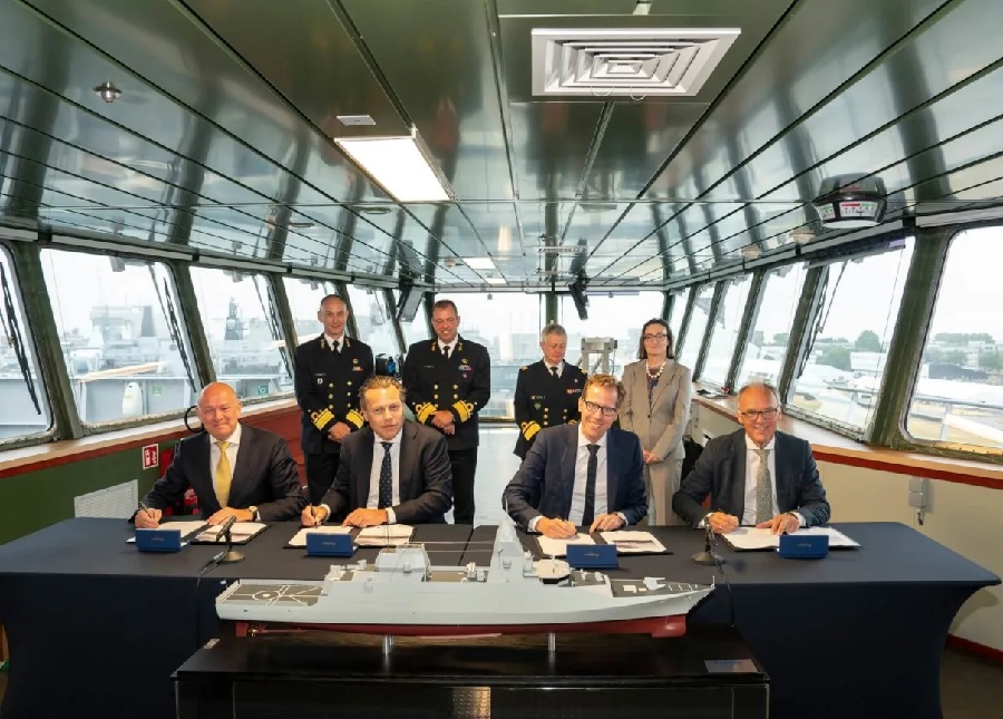 The Dutch Ministry of Defence, Damen and Thales have signed the contract for the design, construction, and delivery of four Anti-Submarine Warfare (ASW) Frigates; two for the Netherlands and two for Belgium. The agreement was signed on HNLMS Karel Doorman by Defence State Secretary Christophe van der Maat, Damen Shipyards Group CEO Arnout Damen, Damen Naval Managing Director Roland Briene, and Thales Netherlands CEO Gerben Edelijn.