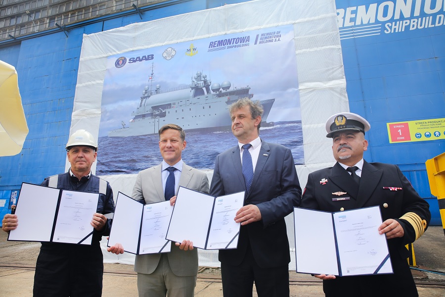 The keel laying ceremony for the first of the two new Polish signals intelligence ships took place today at Remontowa Shipbuilding S.A., located in Gdansk, Poland. The event was attended by representatives from Saab, the Polish Armament Agency, the Polish Navy, Remontowa Holding and invited guests.