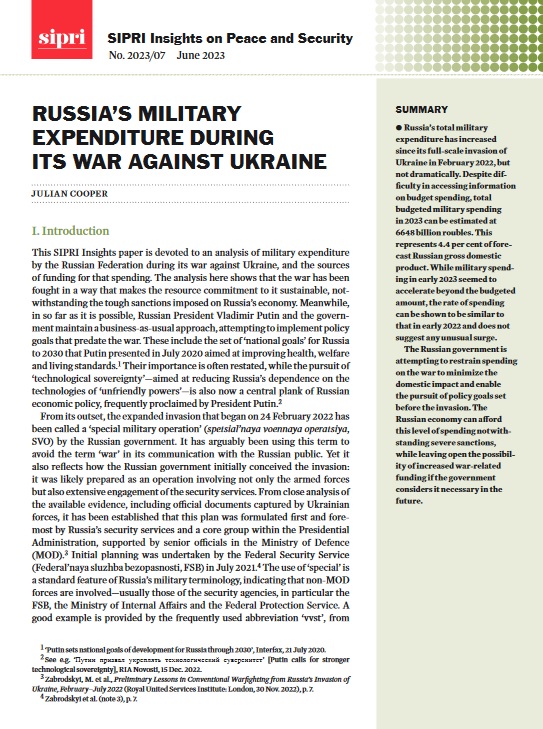 This SIPRI Insights paper is devoted to an analysis of military spending by the Russian Federation during its war against Ukraine, and the sources of funding for that spending. Russia’s total military expenditure has increased since its full-scale invasion of Ukraine in February 2022, but not dramatically. Despite difficulty in accessing information on budget spending, total budgeted military spending in 2023 can be estimated at 6648 billion roubles. This represents 4.4 per cent of forecast Russian gross domestic product.