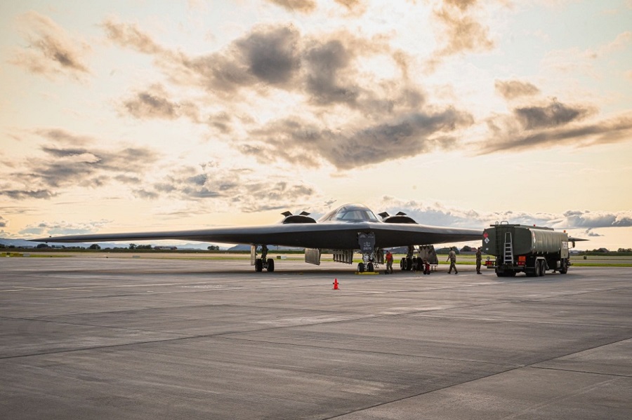 United States Air Force B-2 Spirit bombers currently deployed to Keflavik Air Base, Iceland, launched on August 29, 2023, to conduct integration training with Royal Norwegian Air Force F-35s and perform hot-pit refueling at Oerland Air Base.