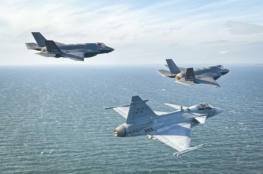 For the first time as NATO Allies, Danish F-35 and Swedish JAS-39 Gripen fighter jets flew aerial combat training drills in and around Danish airspace on March 11 and 13.