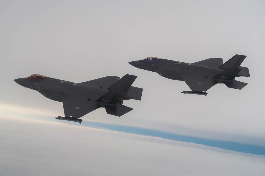 Dutch F-35s armed with AIM-9 Sidewinder missiles conduct drone intercept training over the Baltic Sea