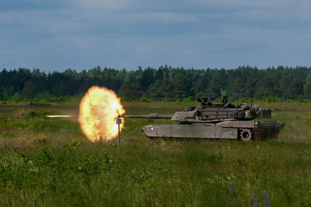 M1A2 SEPv3 Abrams tanks operate in multinational combined arms live-fire exercise in Poland