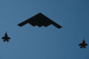 A U.S. Air Force B-2A Spirit stealth bomber, escorted by four F-35 Lightning II fighter jets, flew over Joint Base Elmendorf–Richardson in Anchorage, Alaska, on 15 August 2025 as U.S. President Donald J. Trump and Russian President Vladimir Putin met there.