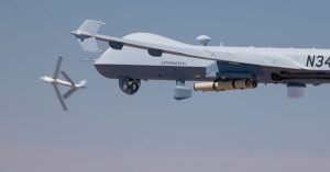 General Atomics Aeronautical Systems, Inc. (GA-ASI) and AeroVironment (AV) have completed the first-ever air launch of a Switchblade 600 loitering munition from a GA-ASI Block 5 MQ-9A unmanned aircraft system. The flight tests were conducted between 22 and 24 July at the U.S. Army Yuma Proving Grounds Test Range.