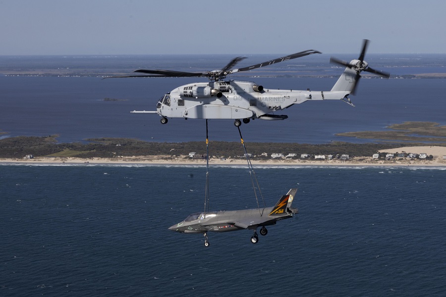 U.S. Marine Corps CH-53K helicopter lifts F-35B airframe from NAS Patuxent River to MCAS Beaufort