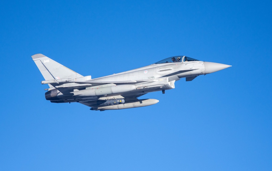RAF Eurofighter Typhoon aircraft strike Daesh underground facility during Syria security patrols