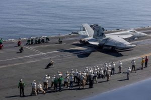 The commander of U.S. Central Command visited the USS Abraham Lincoln on Feb. 7 as the nuclear-powered aircraft carrier transited the Arabian Sea during a scheduled deployment. The visit took place while the carrier strike group was operating in the CENTCOM area of responsibility.