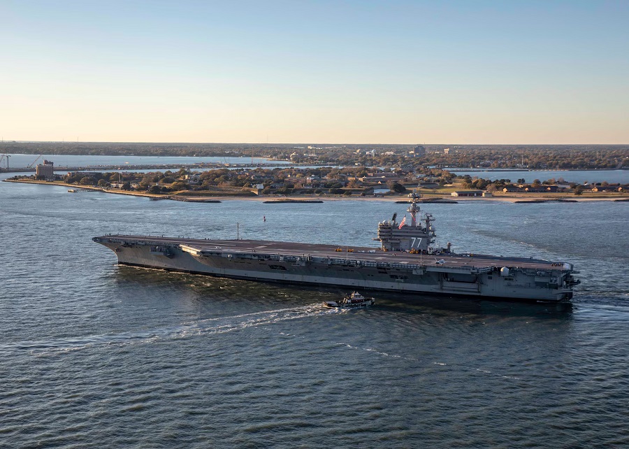 Aircraft carrier USS George H.W. Bush returns to fleet after maintenance at Norfolk Naval Shipyard