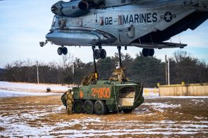 CH-53E Super Stallion helicopter in action: joint operation successfully lifts Stryker vehicle hulls
