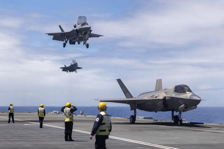 Royal Navy F-35B Lightning II fighters have landed and launched from a Japanese destroyer carrier for the first time during a multinational big deck exercise in the Philippine Sea. Two jets from 809 Naval Air Squadron conducted cross-deck operations on JS Kaga on Friday