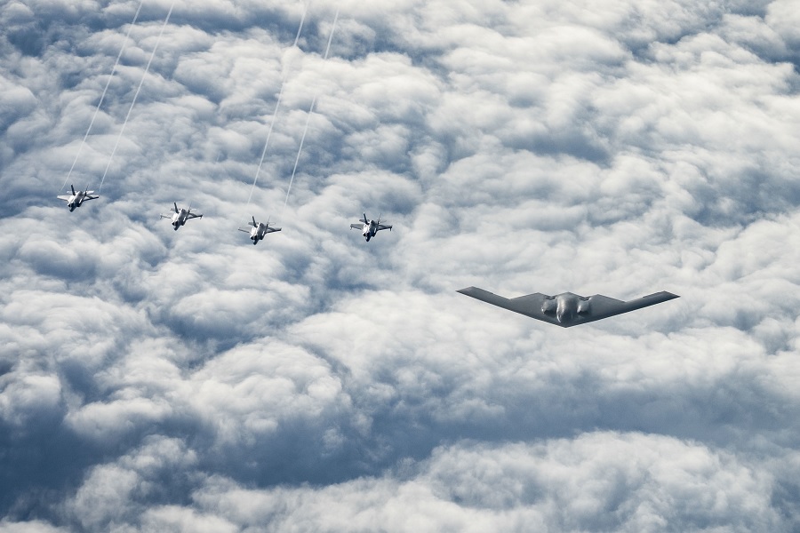 U.S. B-2 Spirit stealth bomber and Norwegian F-35 fighters demonstrate maritime strike in High North