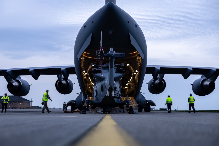RAF C-17 Globemaster transports Royal Navy Wildcat helicopter to Cyprus in rapid air mobility mission