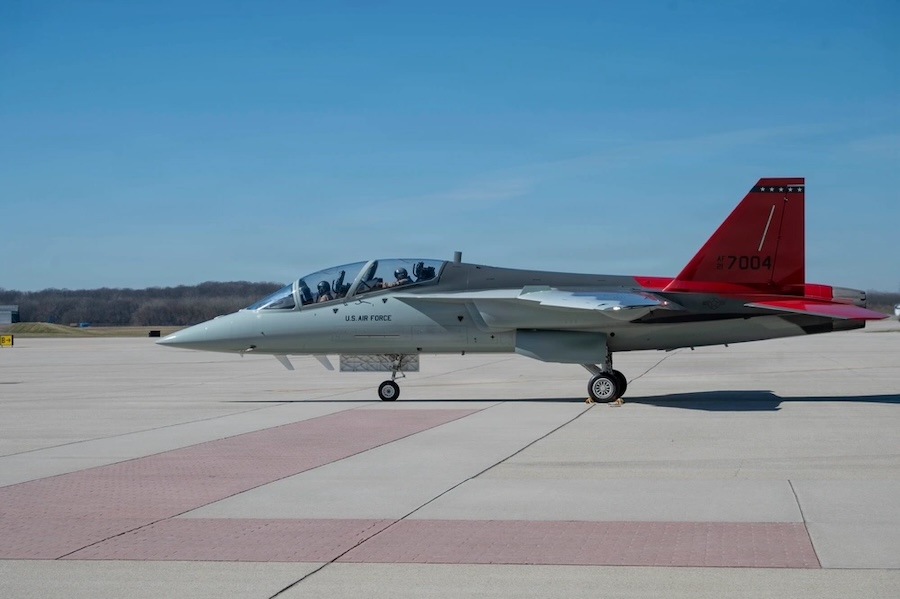 T-7A Red Hawk aircraft stops at Wright-Patterson AFB during transit from testing to Boeing production facility