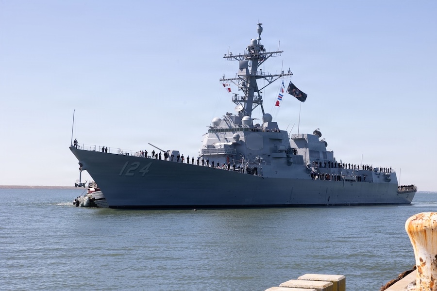 U.S. Navy Arleigh Burke-class destroyer USS Harvey C. Barnum Jr. arrives at Norfolk ahead of April commissioning