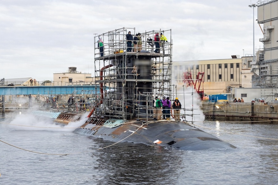 U.S. Navy undocks submarine USS John Warner after major overhaul milestone at Norfolk Naval Shipyard