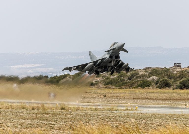 A Royal Air Force Typhoon fighter jet conducted take-off and landing manoeuvres from a taxiway at RAF Akrotiri. The activity demonstrated how the RAF applies flexible operating methods to sustain air operations when conditions change.