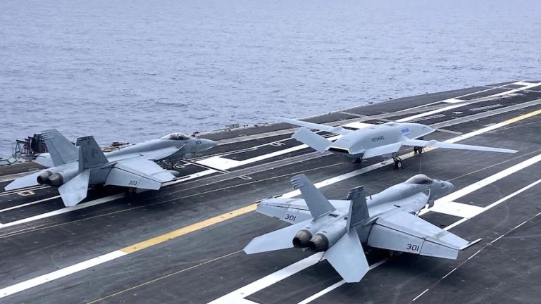 Boeing’s MQ-25A T1 prototype is on display aboard USS Nimitz during the aircraft carrier’s voyage to New York Harbor. The voyage supports International Naval Review 250, part of America’s 250th anniversary celebration on the Fourth of July.