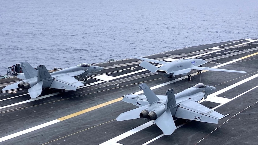 Boeing’s MQ-25A T1 prototype is on display aboard USS Nimitz during the aircraft carrier’s voyage to New York Harbor. The voyage supports International Naval Review 250, part of America’s 250th anniversary celebration on the Fourth of July.