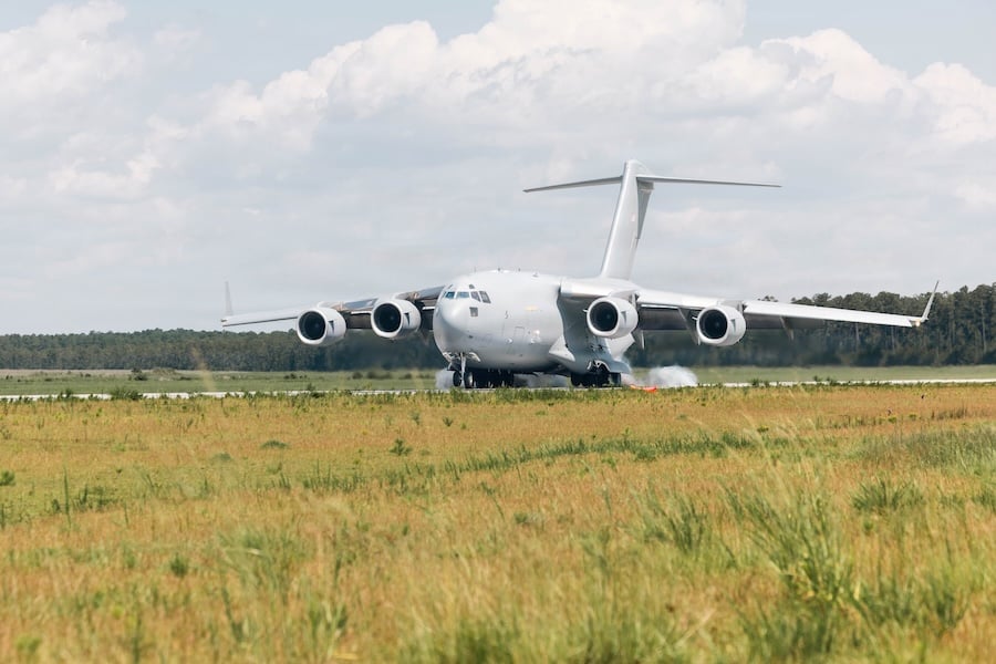 U.S. Air Force C-17 Globemaster III lands at Camp Lejeune for first time in more than 20 years following $11 million runway modernization