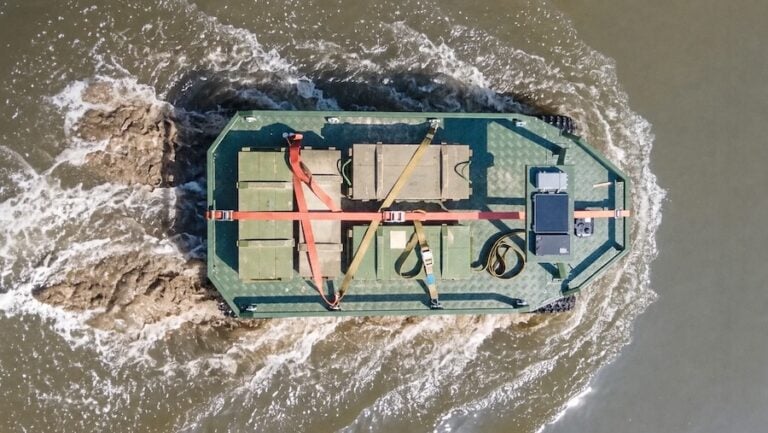 Ukrainian troops used a domestically developed amphibious ground robot to deliver ammunition and provisions to front-line positions, the Ministry of Defence said. The vehicle covered more than 40 km across land and water in what the ministry described as its first logistics mission using such a system.