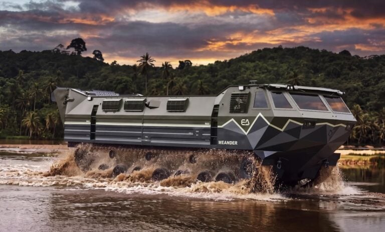 European defence group CSG has unveiled Meander, a tracked amphibious vehicle that can carry up to 70 troops, a medium-sized military truck or a standard container across rivers and wetlands. The prototype made its debut at the Future Forces Forum 2026 exhibition in Prague.